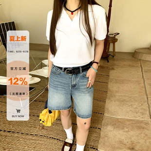 橘子树在哪儿美式复古五分牛仔裤女夏季简约直筒显瘦百搭水洗裤子