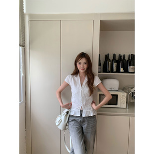 橘子树在哪儿韩系蕾丝边V领短袖衬衫女夏纯棉甜辣显瘦系带上衣