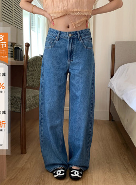 橘子树在哪儿美式低腰水洗蓝色牛仔裤女夏季休闲宽松显瘦百搭裤子