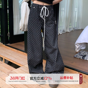 橘子树在哪儿复古波点抽绳牛仔裤女夏季休闲宽松直筒百搭拖地裤子