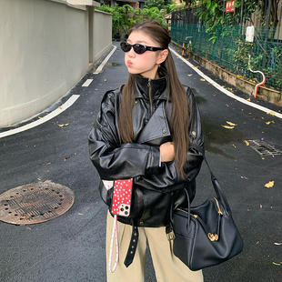 橘子树在哪儿美式 酷飒风宽松休闲百搭机车夹克 黑色皮衣外套女秋季