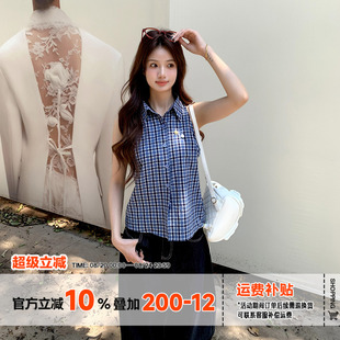 Polo领修身 橘子树在哪儿复古学院风格 无袖 子衬衫 格纹上衣 女夏季