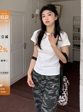 橘子树在哪儿纯色简约正肩短袖t恤女夏季修身显瘦体恤百搭短上衣