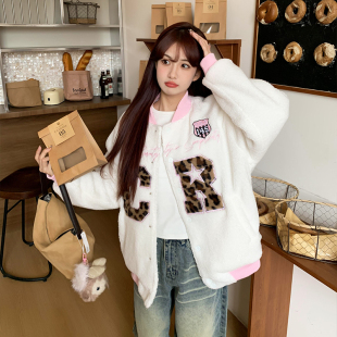 【价】橘子树在哪儿美式复古字母豹纹羊羔毛外套冬情侣棒球服