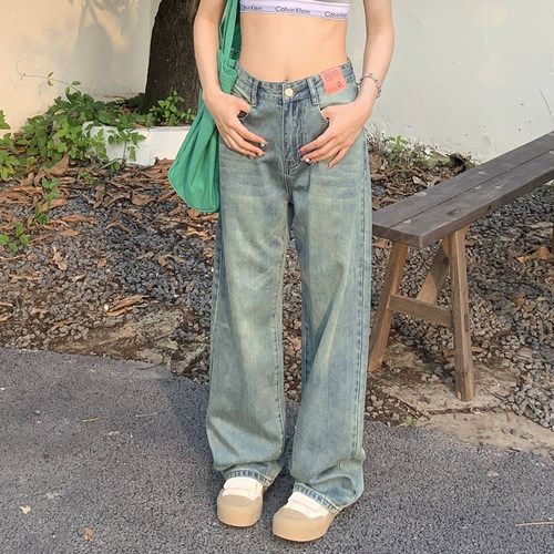 水洗复古蓝阔腿牛仔裤女春季