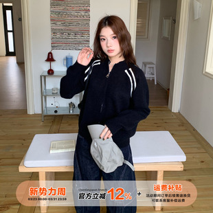 橘子树在哪儿韩系数字印花毛衣外套女春秋运动风休闲撞色拉链上衣