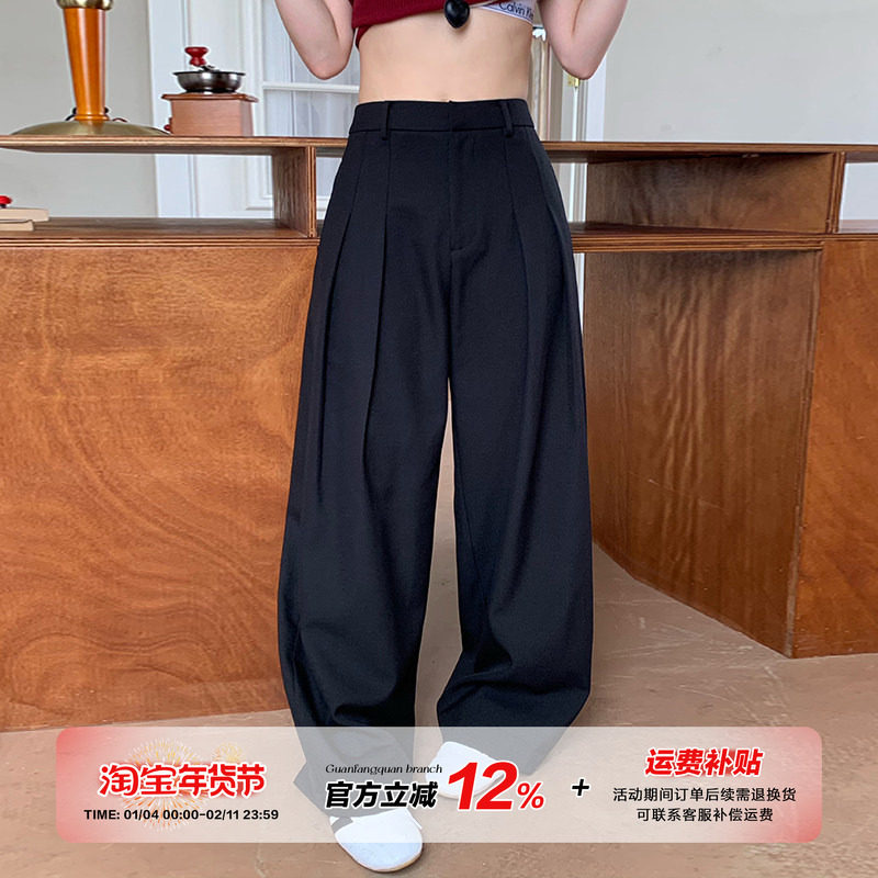 【限时价】橘子树在哪儿复古黑色褶皱西装裤女夏季阔腿显瘦直筒裤,女装/女士精品,休闲裤,淘宝优惠券,粉丝福利购,淘宝优惠卷