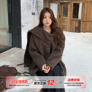 橘子树在哪儿韩系带围巾毛呢大衣女秋季氛围感温柔风宽松显瘦外套