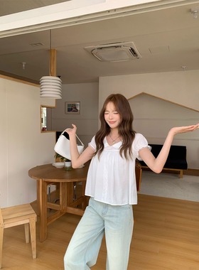 橘子树在哪儿韩系白色娃娃领短袖衬衫女夏温柔风显瘦蕾丝拼接上衣