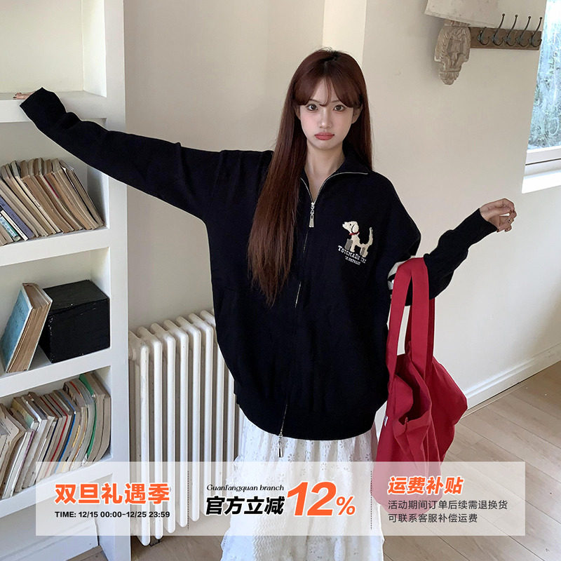 黑色动物提花毛衣外套女冬季