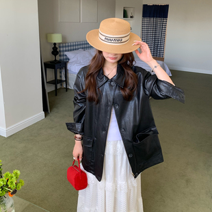【清仓价】橘子树在哪儿美式复古皮衣外套女秋季外搭宽松翻领上衣