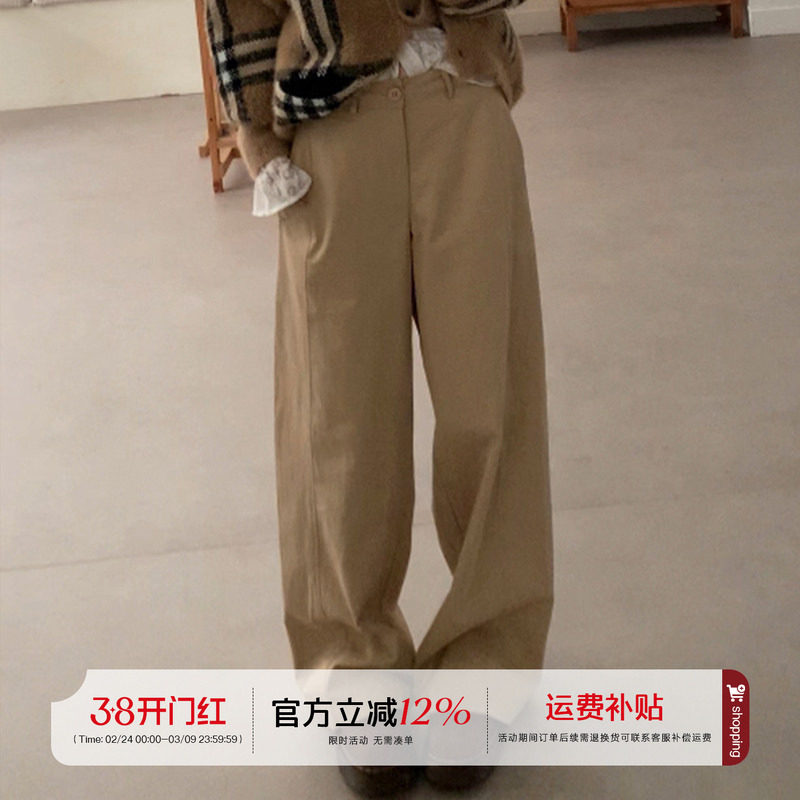 橘子树在哪儿复古卡其色直筒休闲裤女秋季高腰显瘦宽松百搭阔腿裤