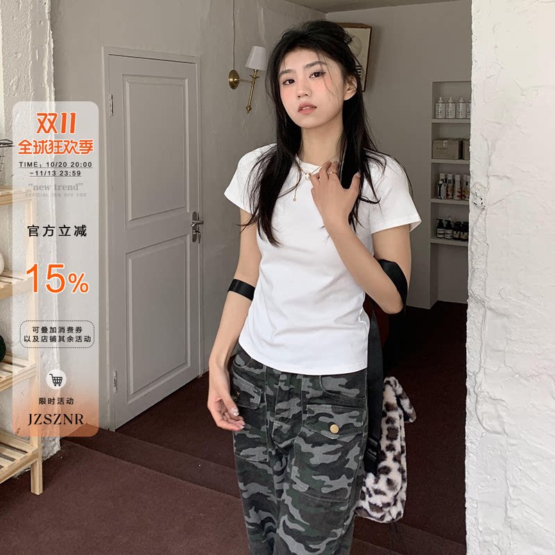 橘子树在哪儿纯色简约正肩短袖t恤女夏季修身显瘦体恤百搭短上衣