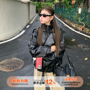 橘子树在哪儿美式 酷飒风宽松休闲百搭机车夹克 黑色皮衣外套女秋季