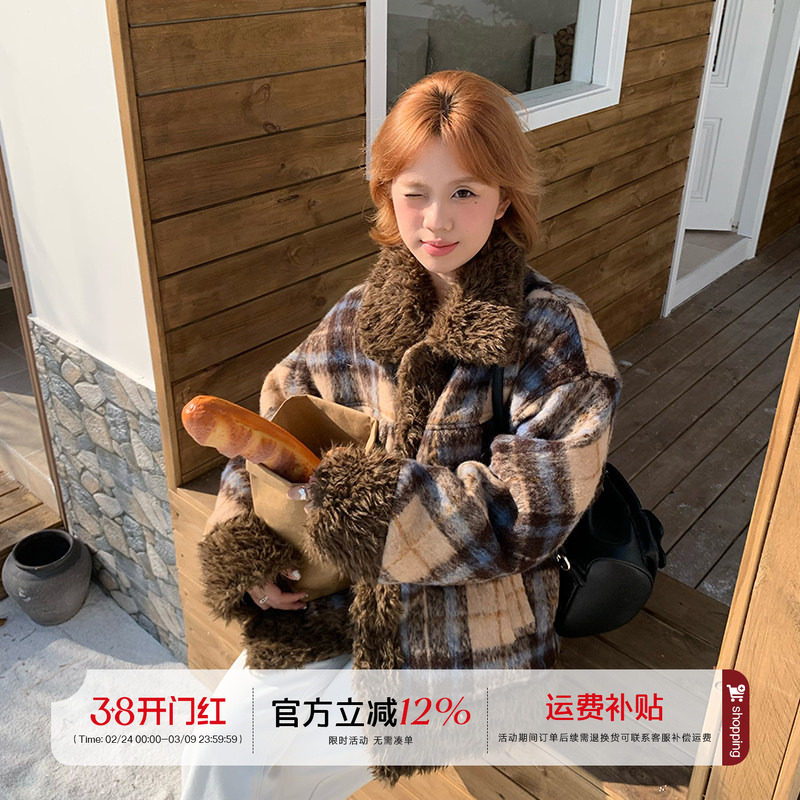 橘子树在哪儿复古格子羊羔毛拼接毛呢外套女冬季宽松加厚保暖棉衣