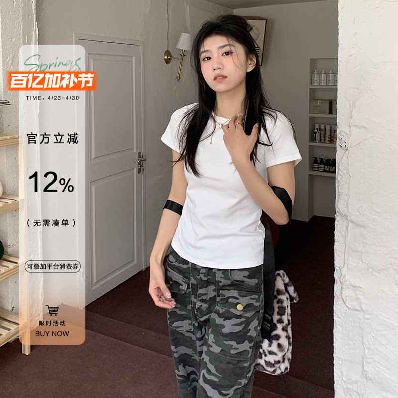 橘子树在哪儿纯色简约正肩短袖t恤女夏季修身显瘦体恤百搭短上衣