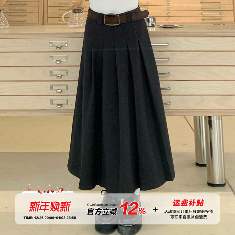 橘子树在哪儿学院风毛呢百褶半身裙女秋冬高腰a字长裙