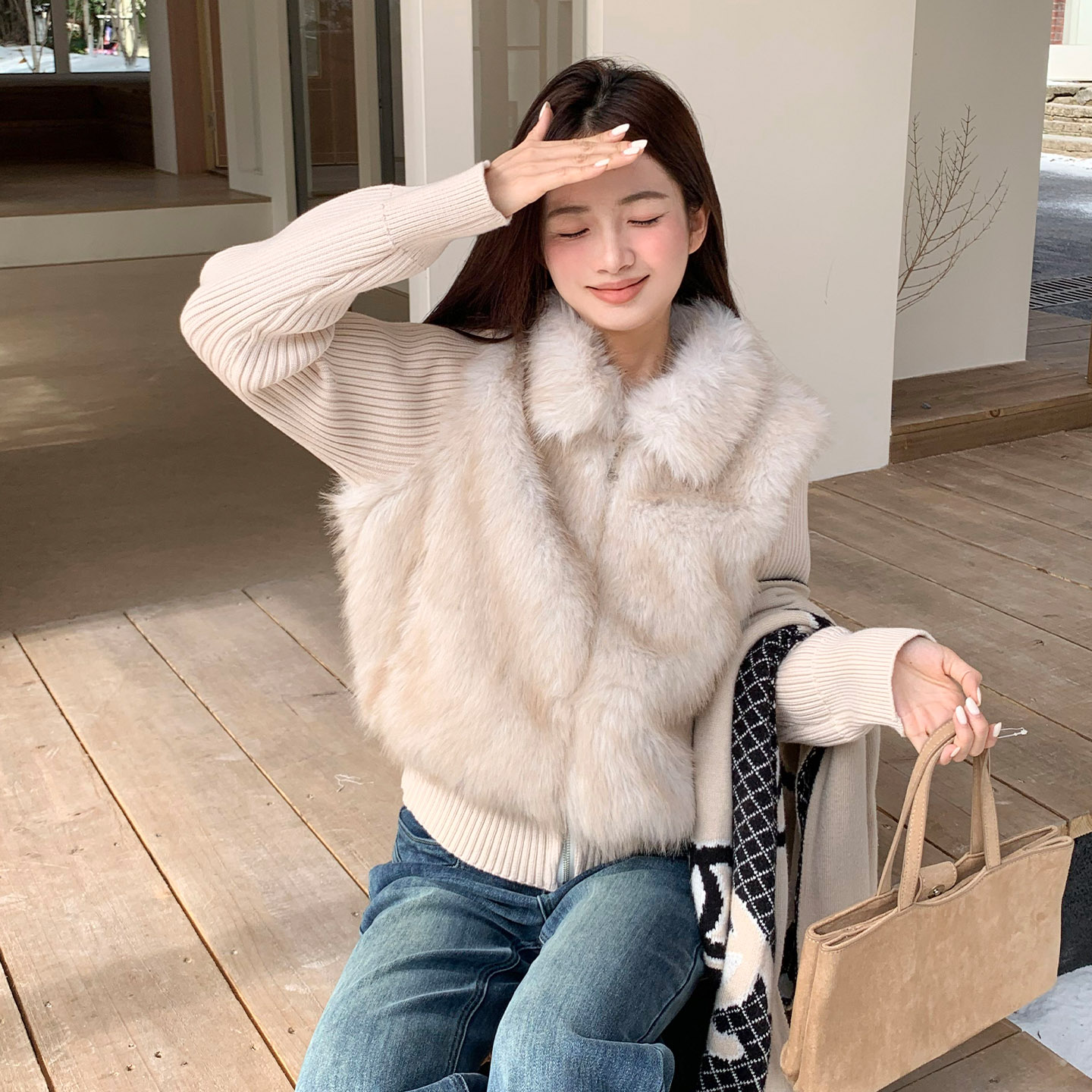 橘子树在哪儿针织袖拼接毛毛外套