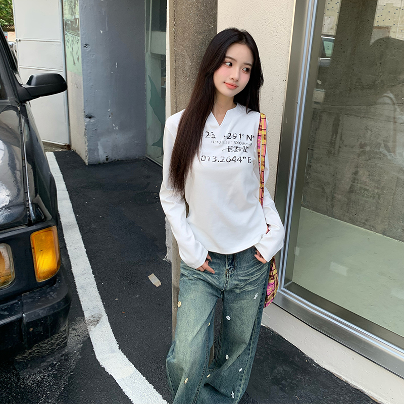 橘子树在哪儿美式复古V领印花t恤