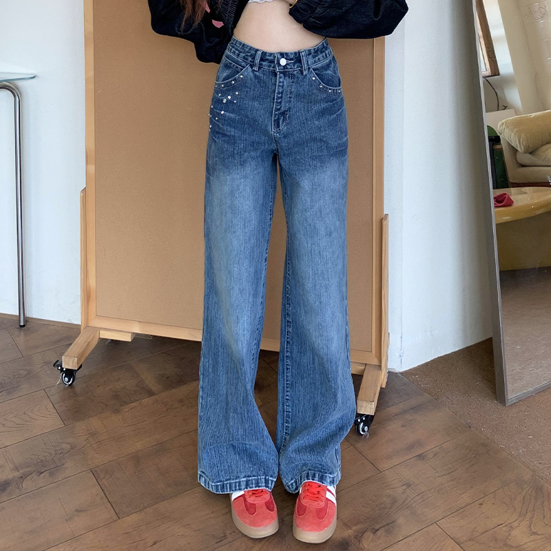 复古水洗蓝色柳钉牛仔裤女春季