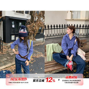 橘子树在哪儿复古蓝色格子长袖衬衫女秋纯棉防晒衬衣外穿显瘦上衣