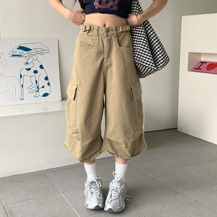 橘子树在哪儿复古褶皱工装裤女夏季薄款阔腿显瘦百搭休闲八分裤子
