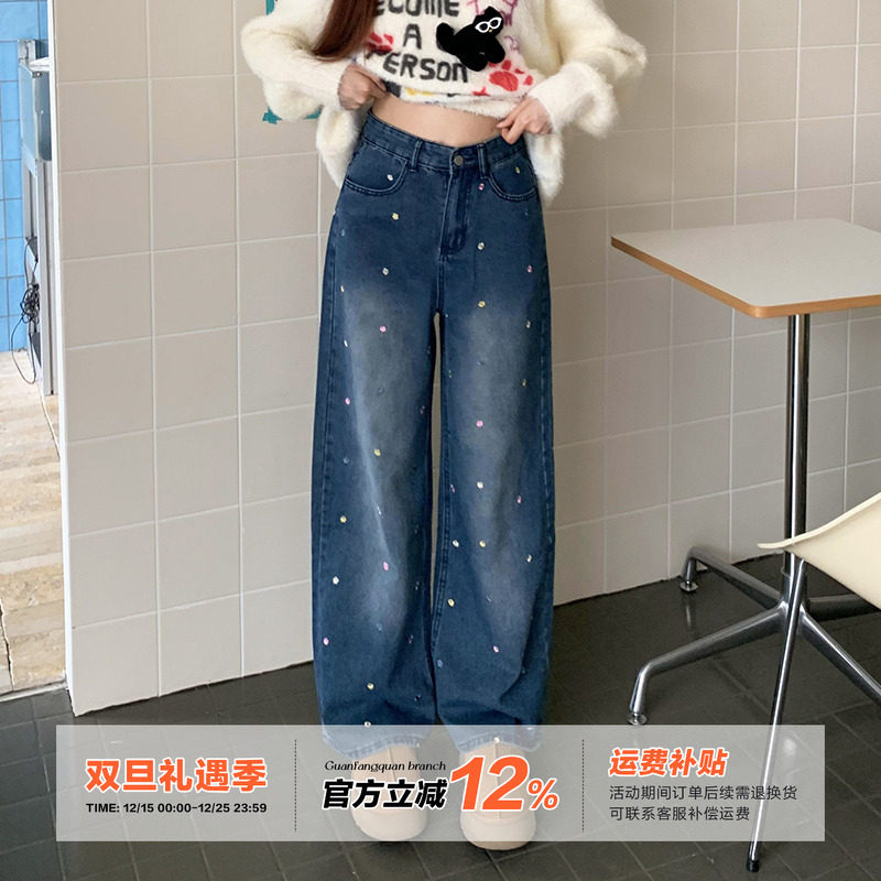 橘子树在哪儿碎花直筒水洗牛仔裤