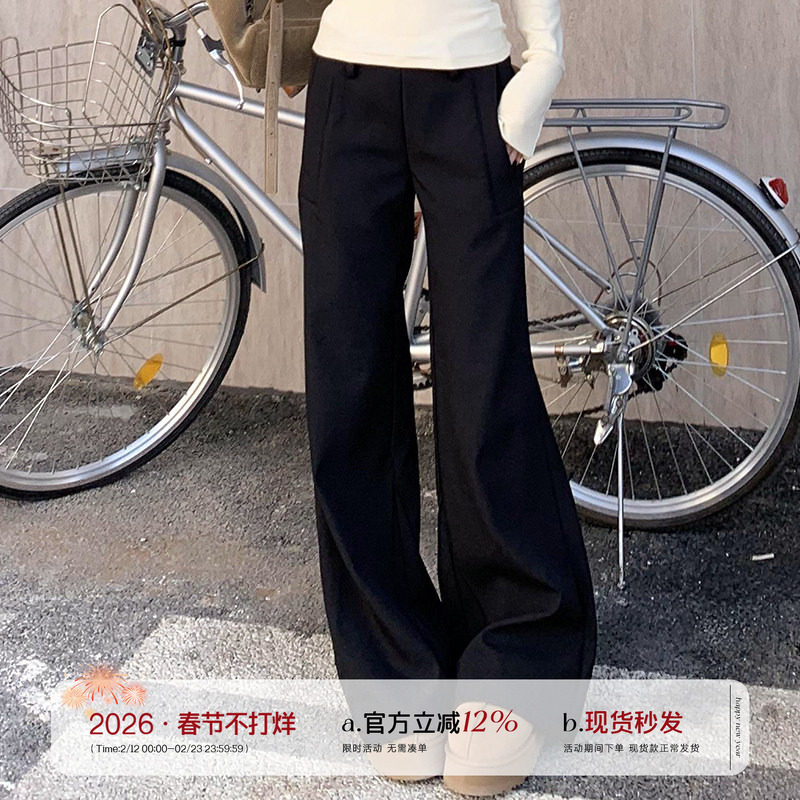 橘子树在哪儿黑色低腰加绒喇叭西装裤女秋冬高级感休闲宽松拖地裤