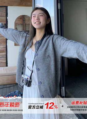 橘子树在哪儿韩系灰色针织开衫女秋季款宽松显瘦百搭短款毛衣外套