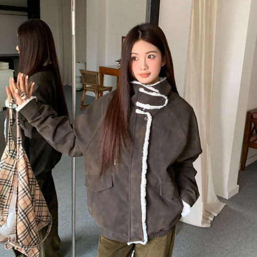 橘子树在哪儿美式复古翻领羊羔毛外套女冬季加厚保暖宽松棉服外套