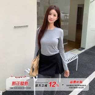 上衣 显瘦内搭打底衫 橘子树在哪儿灰色正肩圆领长袖 t恤女秋冬修身