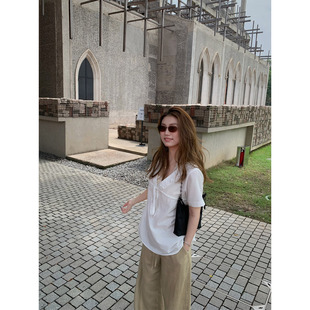 橘子树在哪儿韩系v领系带短袖衬衫女夏慵懒风宽松显瘦中长款上衣
