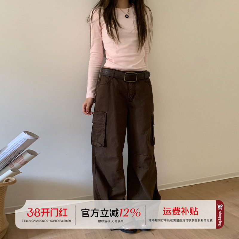 橘子树在哪儿美式复古工装裤女秋季设计感提臀阔腿显瘦大口袋裤子