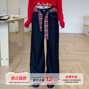 格子翻边牛仔裤 橘子树在哪儿美式 女秋季 款 子 直筒百搭裤 限时价