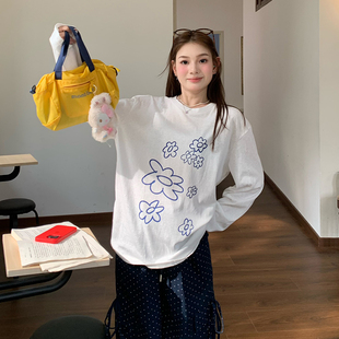 橘子树在哪儿白色印花防晒长袖 上衣 t恤女夏季 慵懒风休闲百搭罩衫