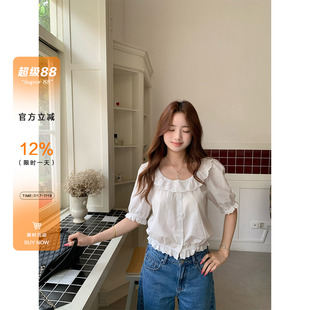 橘子树在哪儿法式白色蕾丝中袖衬衫女夏季设计感遮肉收腰显瘦上衣