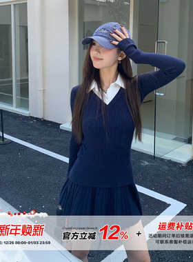 橘子树在哪儿韩系针织套装女秋季款学院风假两件上衣百褶裙两件套