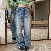 垂感直筒显瘦休闲百搭裤 女秋季 子 复古蓝色牛仔裤 橘子树在哪儿美式