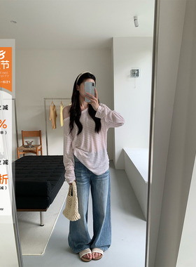 橘子树在哪儿复古蓝色水洗猫须牛仔裤女夏季重工宽松显瘦拖地裤子