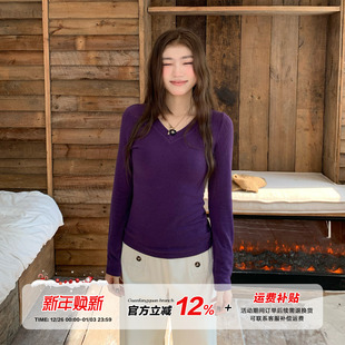 t恤女秋弹力辣妹显瘦正肩上衣 橘子树在哪儿韩系V领长袖 限时价