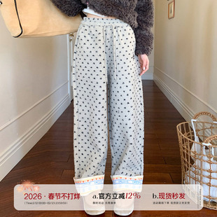橘子树在哪儿复古波点休闲裤女冬季加绒保暖直筒裤宽松慵懒感卫裤