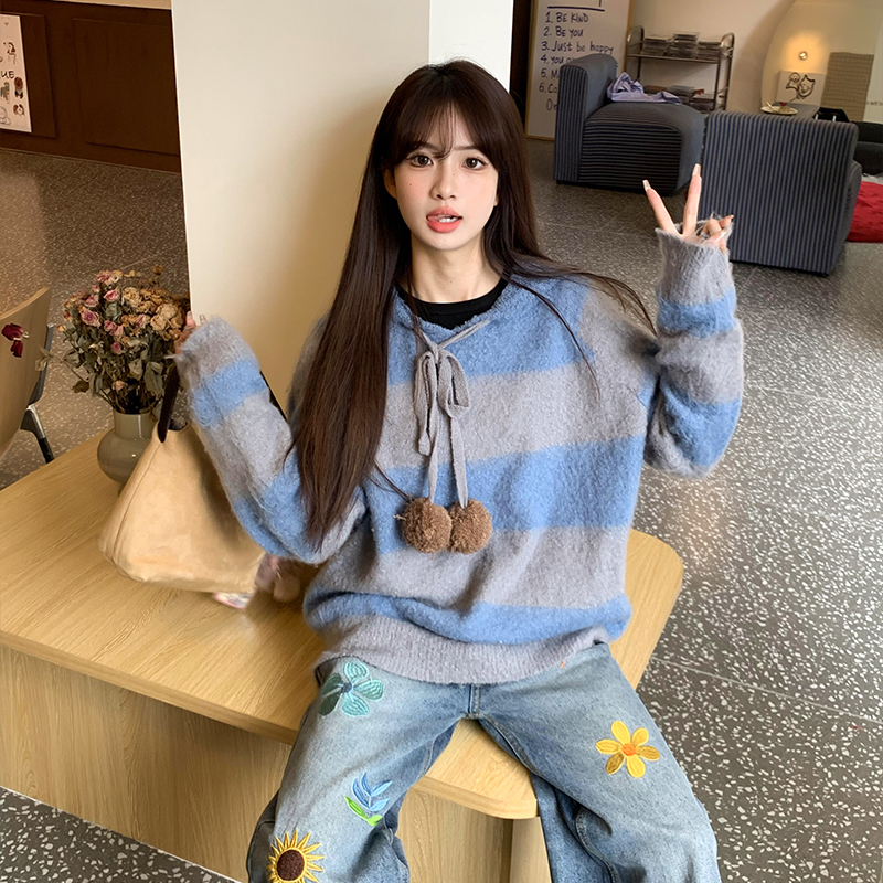 橘子树在哪儿条纹连帽套头毛衣