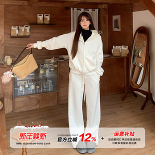 橘子树在哪儿韩系加绒连帽卫衣外套女秋冬设计感阔腿休闲裤 两件套