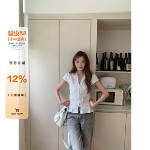 橘子树在哪儿韩系蕾丝边V领短袖衬衫女夏纯棉甜辣显瘦系带上衣