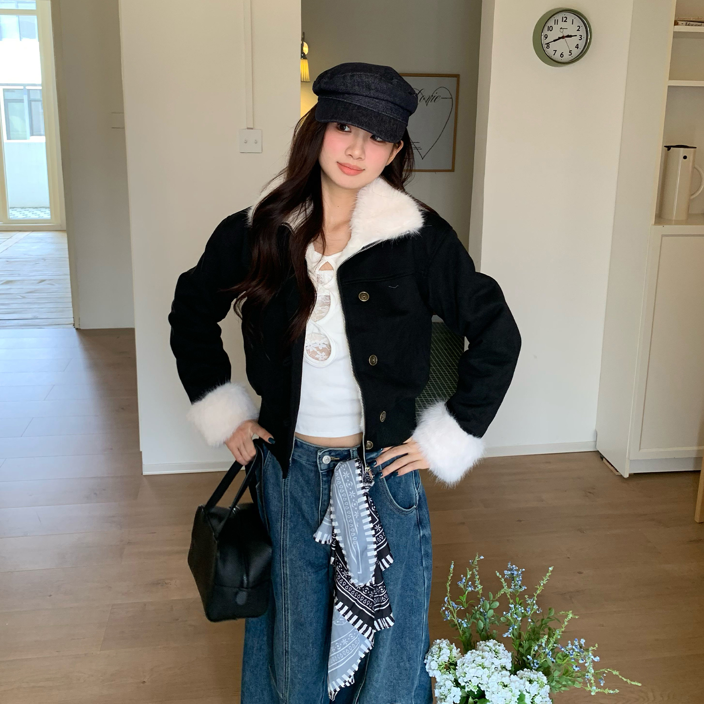 橘子树在哪儿黑色麂皮夹克短上衣