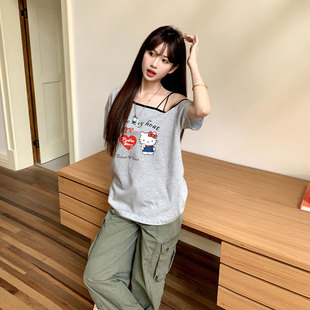 t恤女夏季 橘子树在哪儿韩系斜肩短袖 小众设计感甜美显瘦百搭上衣