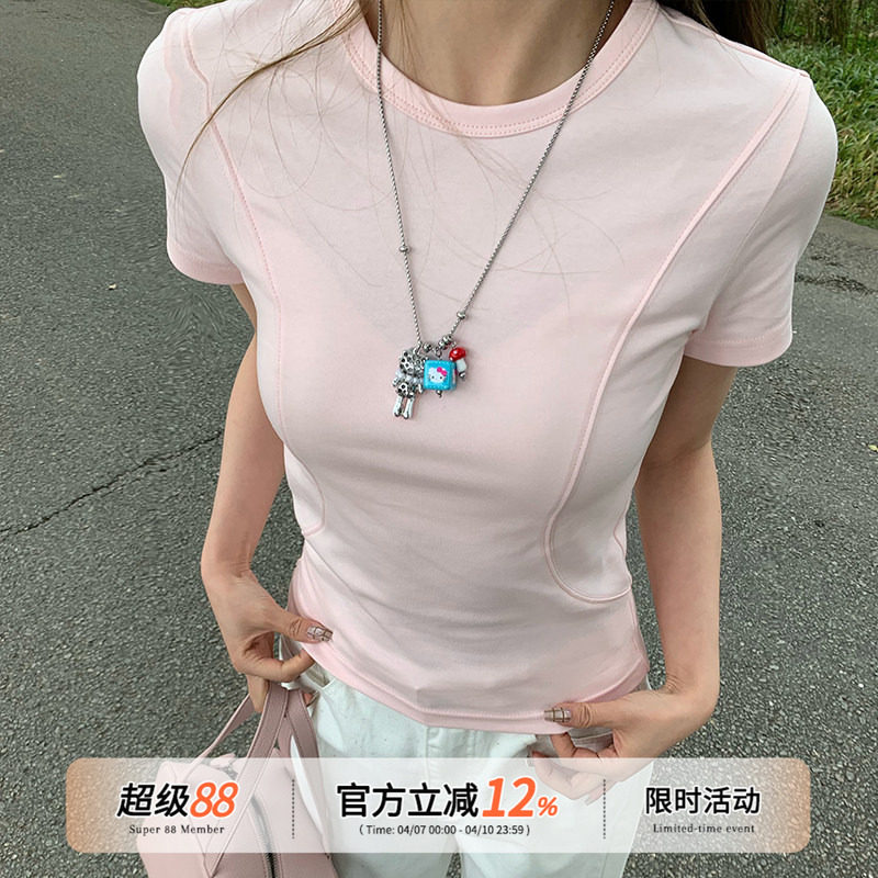 橘子树在哪儿韩系粉色圆领短袖t恤女春夏设计感小众显瘦百搭上衣