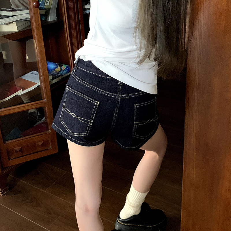 橘子树在哪儿复古明线牛仔短裤女夏薄款修身显瘦辣妹女团百搭热裤