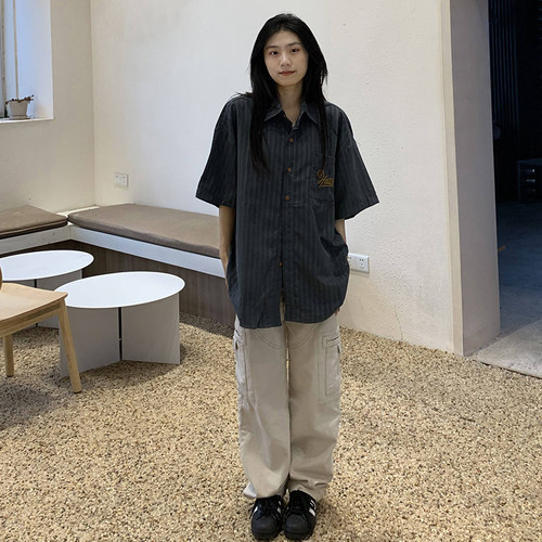 宽松条纹衬衫短袖女夏季