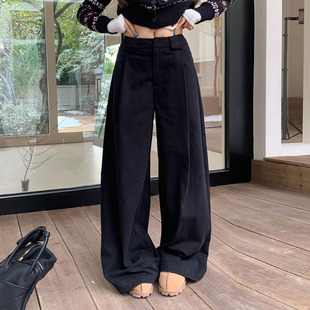 慵懒风遮胯阔腿显瘦拖地裤 子 女春秋款 橘子树在哪儿黑色纯棉休闲裤
